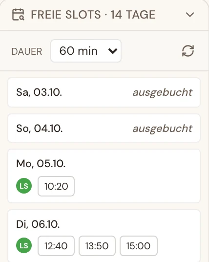 Liste der freien Slots der nächsten 14 Tage für 60 Minuten