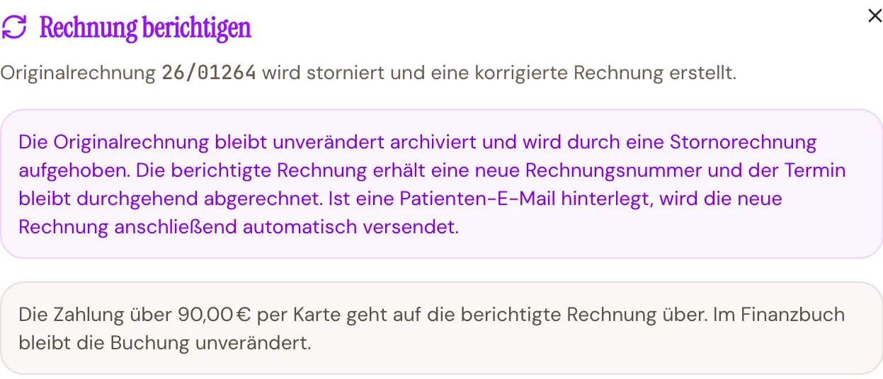 Dialog „Rechnung berichtigen“ mit dem Hinweis, dass die Zahlung übergeht