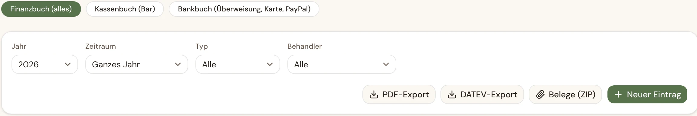Finanzbuch mit Kassenbuch, Bankbuch und den Exporten für PDF, DATEV und Belege