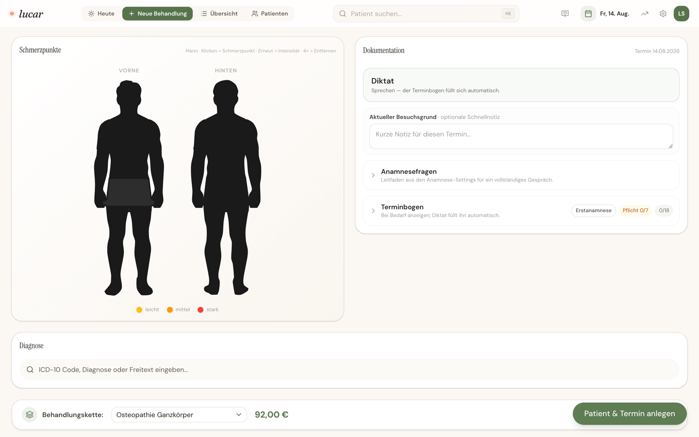 Behandlungsansicht in lucar: Body-Map mit gesetztem Schmerzpunkt neben der Dokumentation mit Diktat, Besuchsgrund und bestätigten Anamnese-Kategorien